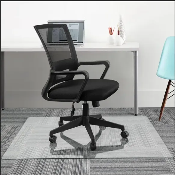 Metera de escritorio de silla de vidrio templado gris de oficina para alfombras y piso de madera dura