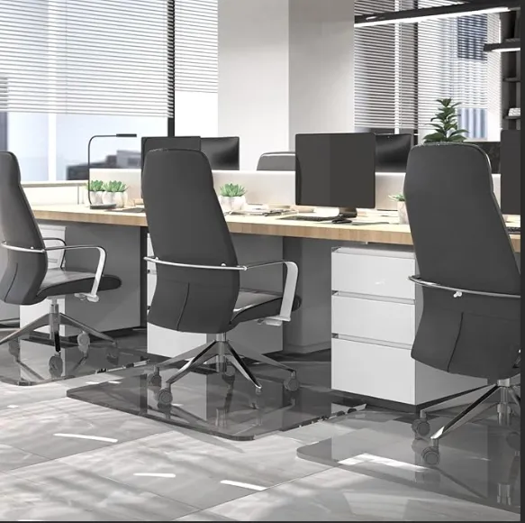 Metera de escritorio de silla de vidrio templado gris de oficina para alfombras y piso de madera dura